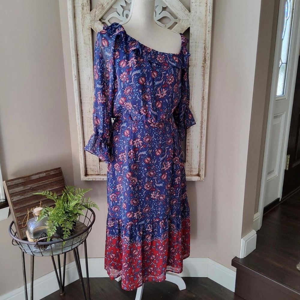 Meduim floral ruffle asymmetric shoulder midi dress by Collective Concepts.